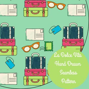 La Dolce Vita Design Sem Costura Azul-petróleo Viagem Estética Desarrumada Estilo Pintado Vintage Bagagem Óculos de Sol Arte de Inspiração Italiana