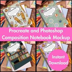 May include: Four composition notebooks with different cover designs, including pencils, food, and a bookshelf. The notebooks are arranged on a wooden surface with pencils and spiral notebooks. Text on the image reads "Procreate and Photoshop Composition Notebook Mockup."