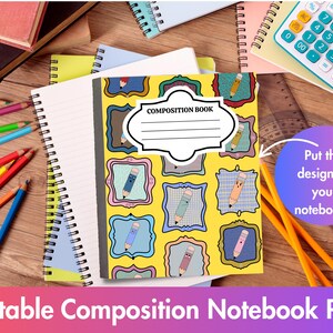 Könnte beinhalten: Ein Notizbuch mit gelbem Einband mit Bleistiftillustrationen in verzierten Rahmen. Das Notizbuch ist von anderen Notizbüchern, Bleistiften und einem Taschenrechner umgeben. Auf dem Einband steht "COMPOSITION BOOK".