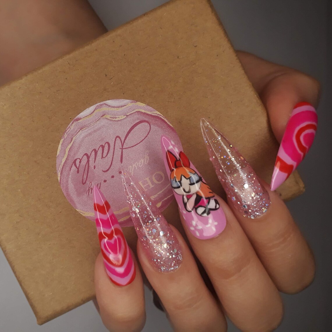 Power Puff Girl Nails Blossom Pink Nails Pink Heart Nails Etsy
