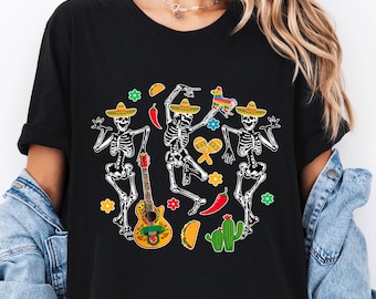 Cinco De Mayo Skeleton Shirt, Dancing Skeleton Fiesta Tee, Mexican Party Shirt, Sombrero Skeleton Guitar T-shirt, Funny Mexican Heritage Tee