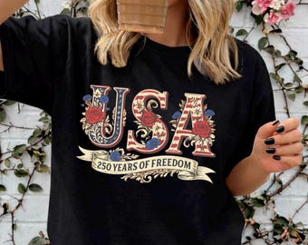 USA 250 Years of Freedom Shirt, Patriotic Floral American Flag Tee, 4th of July Independence Day Shirt, Vintage Style America Pride Gift Tee