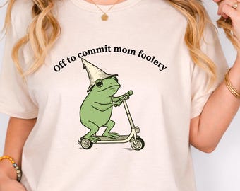 Off To Commit Mom Foolery Shirt, Funny Frog Pregnancy Announcement Tee, New Mom Gift, Mothers Day Froggy Shirt, Retro Scooter Frog Mama Tee