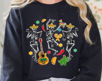 Cinco De Mayo Skeleton Sweatshirt, Dancing Skeleton Fiesta Mexican Holiday Pullover, Sombrero Skeleton Crewneck, Festive Party Hoodie