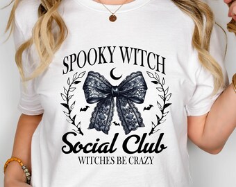 Spooky Witch Social Club Halloween Shirt, Spooky Season Shirt, Halloween Witch Shirt, Halloween Gift for Women, Halloween Coquette Bow Shirt