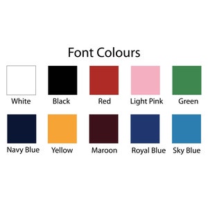 May include: A chart showing different font colors, including white, black, red, light pink, green, navy blue, yellow, maroon, royal blue, and sky blue.