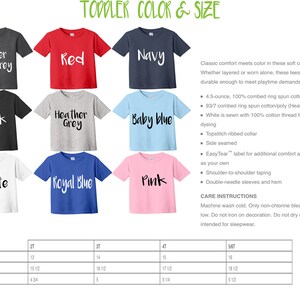 May include: A size chart for toddler t-shirts in various colours, including heather dark grey, red, navy, black, heather grey, baby blue, white, royal blue, and pink. The chart shows chest, body length, and sleeve length measurements in inches for sizes 2T, 3T, 4T, and 5T.