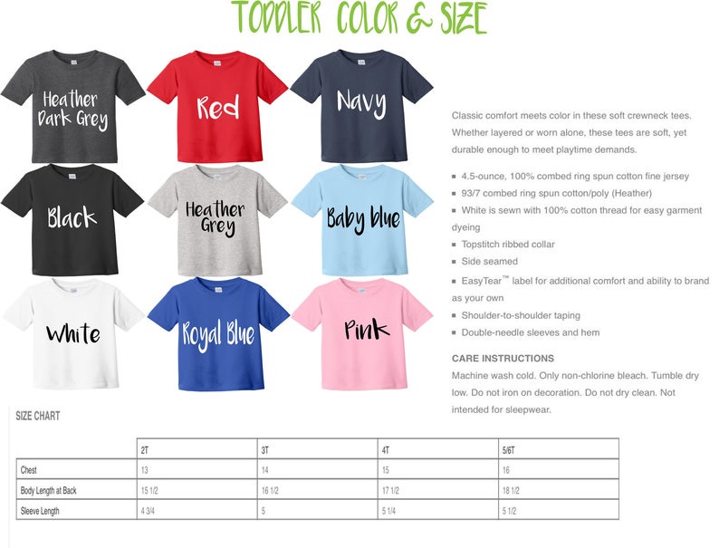 May include: A size chart for toddler t-shirts in various colours, including heather dark grey, red, navy, black, heather grey, baby blue, white, royal blue, and pink. The chart shows chest, body length, and sleeve length measurements in inches for sizes 2T, 3T, 4T, and 5T.