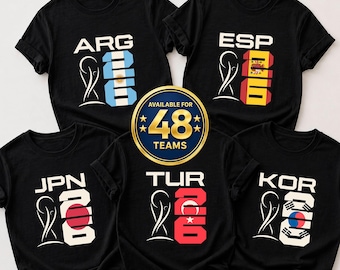May include: Black t-shirts with country flag designs. The shirts feature the flags of Argentina, Spain, Japan, Turkey, and South Korea. A gold emblem states "Available for 48 Teams".