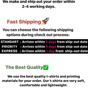 May include: Graphic with the text "Why Choose Us?" and information about production time, fast shipping options, and the quality of the t-shirts. The text "#BellaVision" is at the bottom of the graphic.