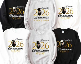 Personalized Class of 2026 Graduation Squad Hoodie, Custom Photo Graduate Sweatshirt, 2026 Senior Family Hoodie, Gold Grad Squad Apparel