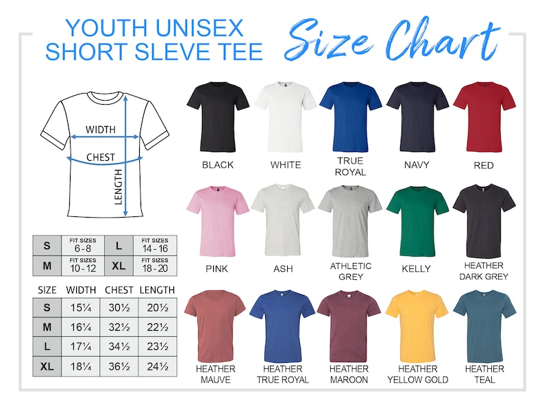Op de afbeelding: Maattabel voor unisex korte mouw t-shirts voor kinderen met maten in inches. De tabel toont verschillende kleuren t-shirts, waaronder zwart, wit, koninklijk blauw, marineblauw, rood, roze, as, grijs, kelly groen, donkergrijs, mauve, koninklijk blauw, bordeaux, geel goud en teal.