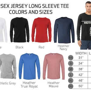 Może przedstawiać: Prezentacja koszulek unisex z długim rękawem w r&oacute;żnych kolorach: białym, czarnym, czerwonym, granatowym melanż, szarym sportowym, niebieskim kr&oacute;lewskim melanż i wrzosowym melanż. Tabela rozmiar&oacute;w z wymiarami w cm.
