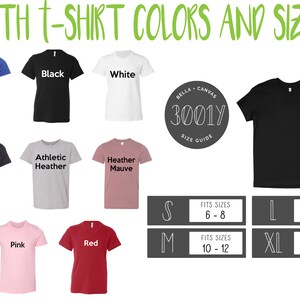 May include: Youth t-shirt colour and size chart with Bella + Canvas 3001Y size guide. The chart shows 10 different t-shirt colours: Heather True Royal, Black, White, Dark Grey Heather, Athletic Heather, Heather Mauve, Pink, Red, and two black t-shirts. The size guide shows sizes S, M, L, and XL with corresponding age ranges.