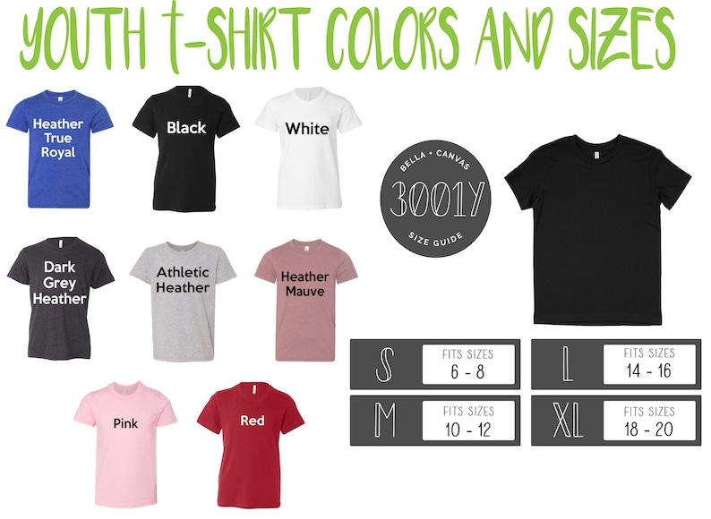 May include: Youth t-shirt colour and size chart with Bella + Canvas 3001Y size guide. The chart shows 10 different t-shirt colours: Heather True Royal, Black, White, Dark Grey Heather, Athletic Heather, Heather Mauve, Pink, Red, and two black t-shirts. The size guide shows sizes S, M, L, and XL with corresponding age ranges.