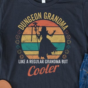 Dungeon Grandma T-Shirt: D&D Tee with Retro Sunset Design