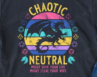 DnD Chaotic Neutral Shirt, D&D Gift for Players, Dungeons and Dragons Clothing for Men or Women, D and D Alignment T-Shirt 80s Sunset