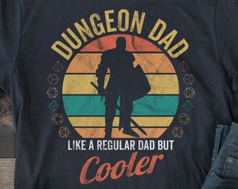 DnD Dungeon Dad Shirt | Fun TTRPG D&D Fathers Day, Bday or Xmas Gift | Dungeons and Dragons Clothing for Him | Retro Sunset Color Variant