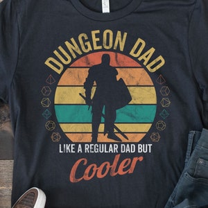 DnD Dungeon Dad Shirt | Fun TTRPG D&D Fathers Day, Bday or Xmas Gift | Dungeons and Dragons Clothing for Him | Retro Sunset Color Variant