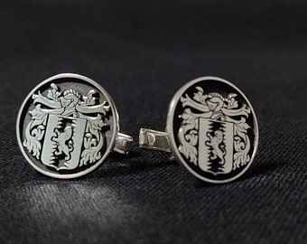 Custom Engraved Traditional Family Crest Shield Cufflink, Personalized Coat of Arm Cuff links with Sterling Silver