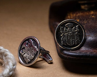 Personalized Family Crest Cufflink, Custom Coat of Arm Groom Cuff link with Sterling Silver