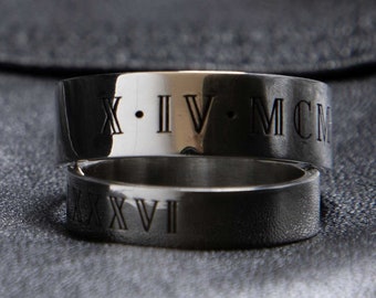 Personalized Roman Numeral Band Ring, Custom Anniversary Wedding Date Ring with Sterling Silver