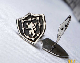 Personalized Family Crest Shield Cufflink, Custom Coat of Arm Groom Cuff link with Sterling Silver