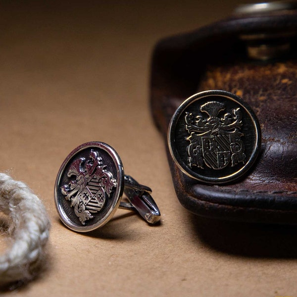 Personalized Family Crest Cufflink, Custom Coat of Arm Groom Cuff link with Sterling Silver