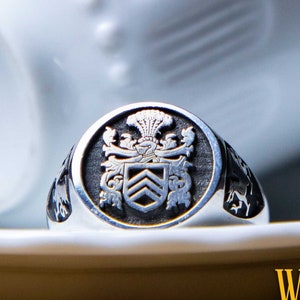 Personalized Sterling Silver Signet Ring with Coat of Arms, Custom Engraved Traditional Family Crest, Personalized Gift for Him or Her