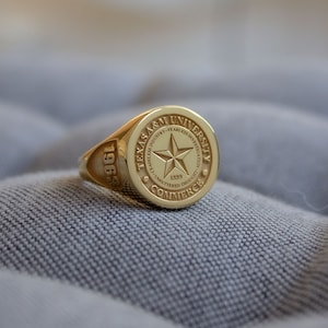 Custom Engraved College Graduation Gold Ring, Personalized Class Signet Ring with Sterling Silver
