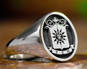 Custom Engraved Sterling Silver Signet Ring, Custom Engraved Family Crest Ring, Personalized Seal Ring