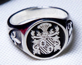 Personalized Signet Ring, Custom Made Family Crest Signet Ring with Sterling Silver