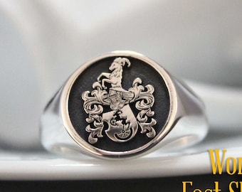 Anillo de escudo familiar tradicional grabado personalizado, anillo de sello de escudo de brazo personalizado con plata de ley