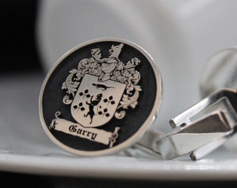 Custom Engraved Traditional Family Crest Cufflink, Personalized Coat of Arm Cuff links with Sterling Silver