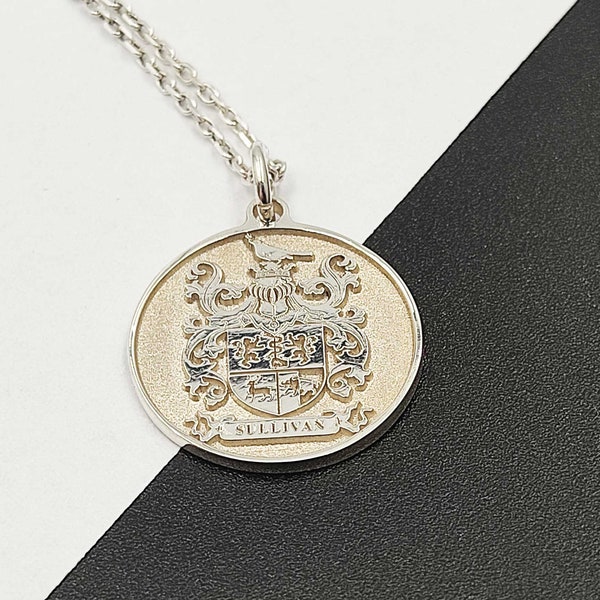 Personalized Family Crest Necklace, Custom Made Coat of Arm Pendant with Sterling Silver