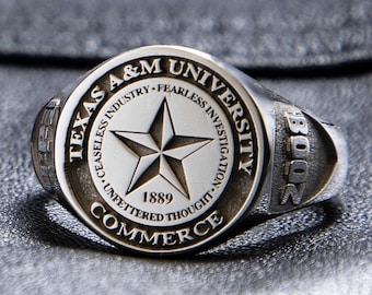 Custom Engraved College Graduation Ring, Personalized Class Signet Ring with Sterling Silver