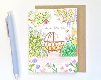 Welcome Little One Card – Watercolor Baby Shower Card, Floral New Baby Greeting Card, Garden Welcome Baby Card