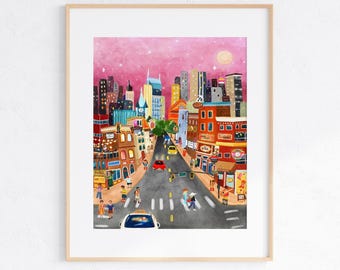 Nashville Wall Print, Broadway Nashville Art, Downtown Nashville Illustration, Music City Wall Art, Nashville Poster, Housewarming Gift