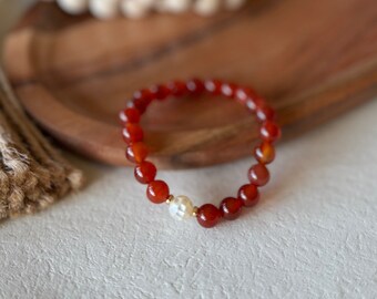 8mm Natural Dark Carnelian, Pearl Bracelet, Orange Bracelet, Gold Bracelet, Disco Ball Bracelet, Burnt Orange Bracelet || Alani