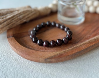 10mm Red Garnet Bracelet, Deep Red Bead Bracelet, Chunky Bracelet, Red Jewelry, Dark Red Stretch Bracelet, Garnet Jewelry || Adayln