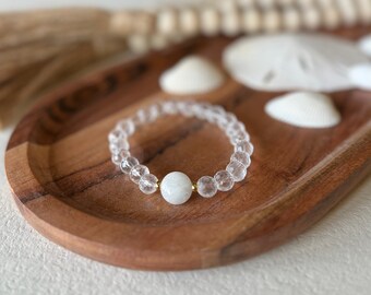 8mm Clear Quartz Bracelet, Aquamarine Bracelet, Gold Filled Bracelet, Clear Bead Bracelet, Meditation Bracelet, Spa Bracelet || Bay