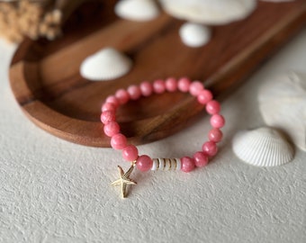 8mm Rhodochrosite Quartz Bracelet, Pearl Bracelet, Pink Bead Bracelet, Pink Jewelry, Pink Quartz Bracelet, Starfish Charm Bracelet || Stella