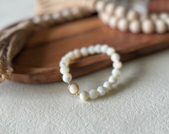 8mm Mother of Pearl Gemstone Bracelet, Connector Bracelet, Wedding Bracelet, Bride Bead Bracelet, Minimalist Bracelet, Pearl || Melody