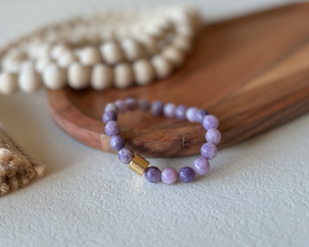 8mm Purple Jade Bracelet Gold Barrel Bracelet Purple Jewelry Purple