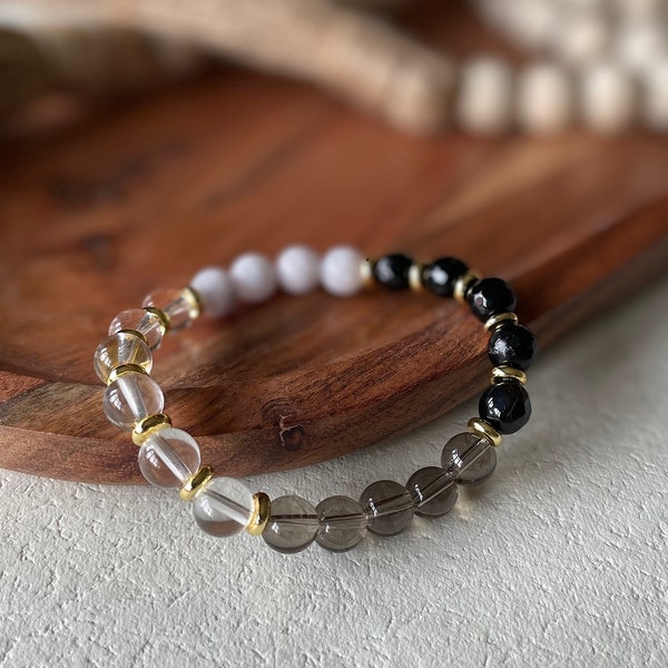 8mm Multi Color Bracelet, Light Gray Faceted Jade, Clear Quartz, Smoky Quartz, Black Faceted Onyx, Neutral Bracelet || Grey