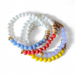 Boho Summer Beaded Bracelet, 8mm Crystal Rondelle and 6mm White Jade, Rondelle Bracelet, Stackable Jewelry, Gold Gift for Her, Bright Colors