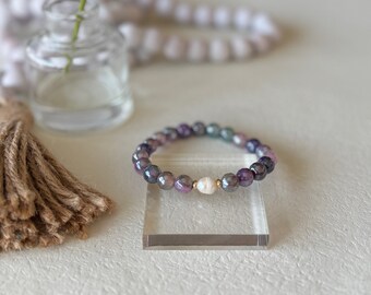 Pearl Bracelet, Purple Agate Bracelet, Minimalist Bracelet, Gold Accent, 8mm Stretch Bracelet, Gold Bracelet, Multi Color Bracelet  || Paris