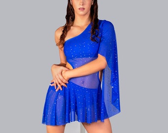 Off Shoulder Pole Dance Leotard: Sparkly Disks, Asymmetric Skirt