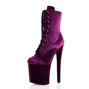 Purple Velvet Pole Dance Boots: Lace-Up Platform Exotic Shoes