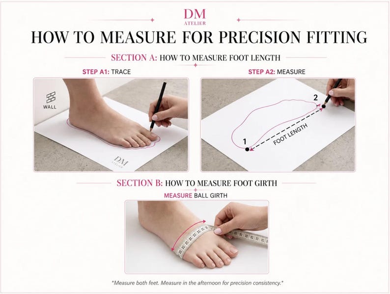 Op de afbeelding: Een instructiegids getiteld HOW TO MEASURE FOR PRECISION FITTING door DM ATELIER. Het bevat diagrammen voor het overtrekken van de voetlengte tegen een muur, het meten van de afstand tussen twee punten en het gebruik van een meetlint voor de balomtrek.
